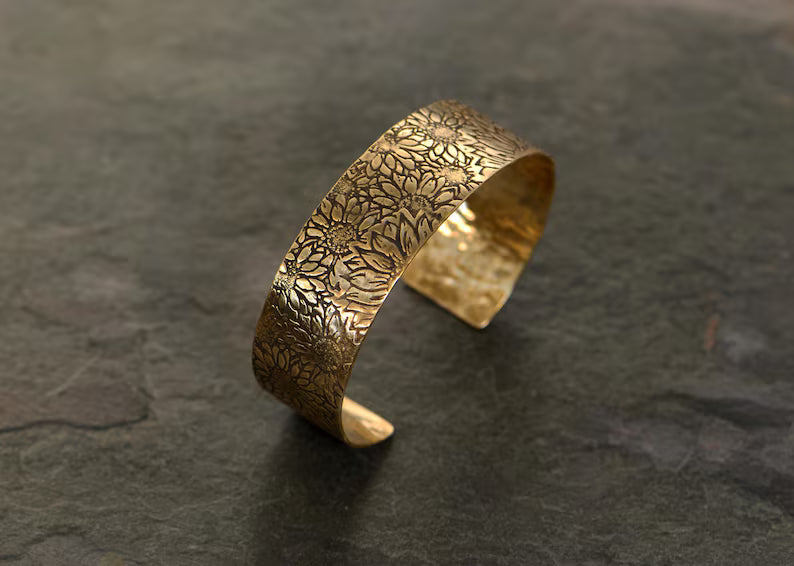 Bronze sunflower cuff bracelet - 3/4 inch wide