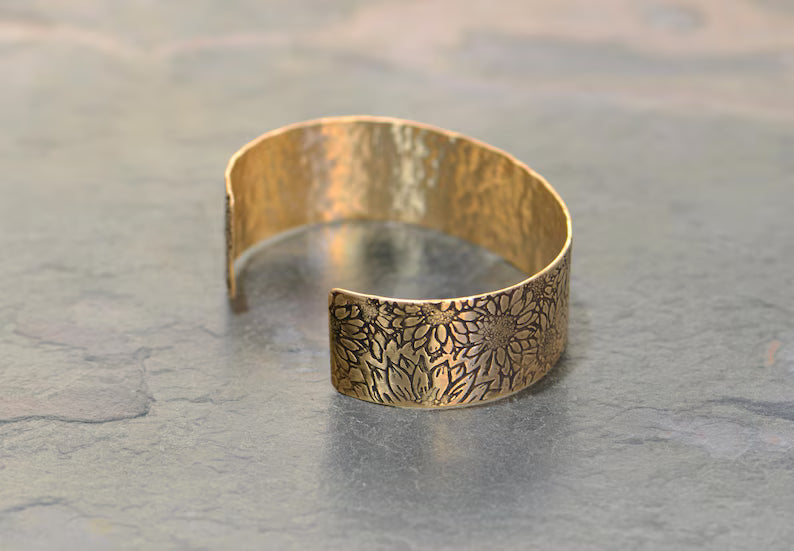 Bronze sunflower cuff bracelet - 3/4 inch wide