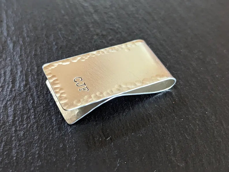 Sterling silver money clip with your initials and a hammered border