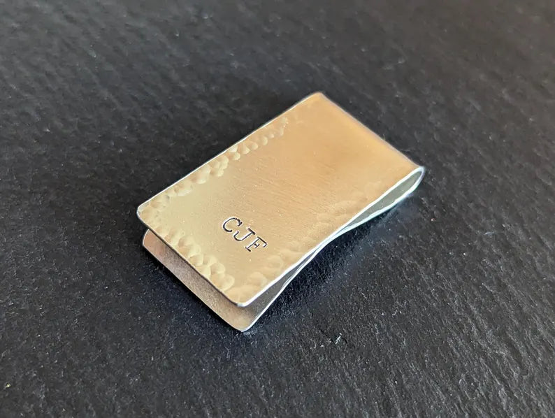 Sterling silver money clip with your initials and a hammered border