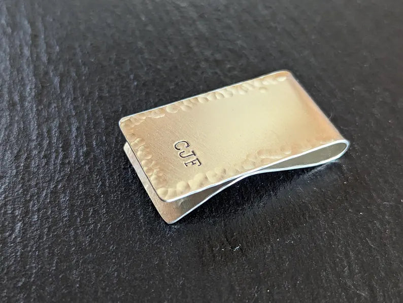 Sterling silver money clip with your initials and a hammered border
