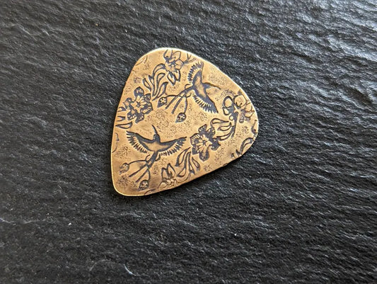 Bronze guitar pick - playable with birds of paradise pattern