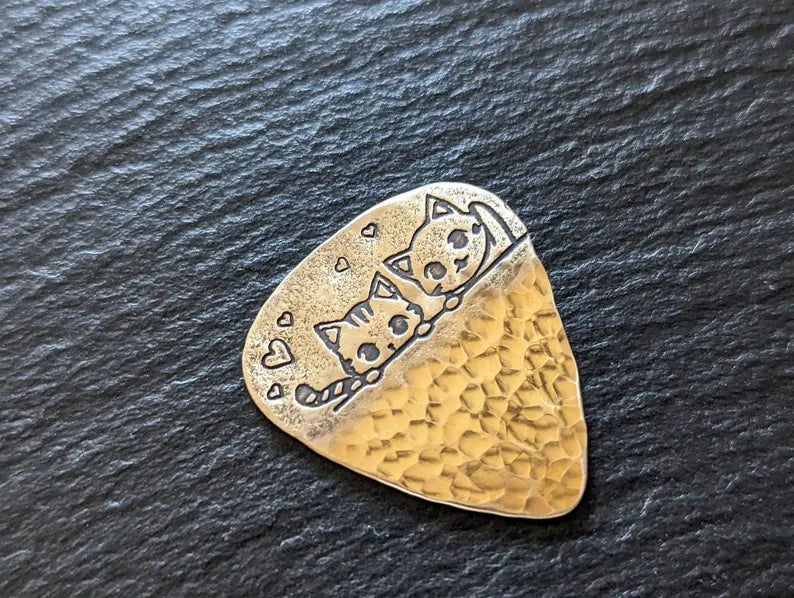 Bronze cat guitar pick - handmade and playable