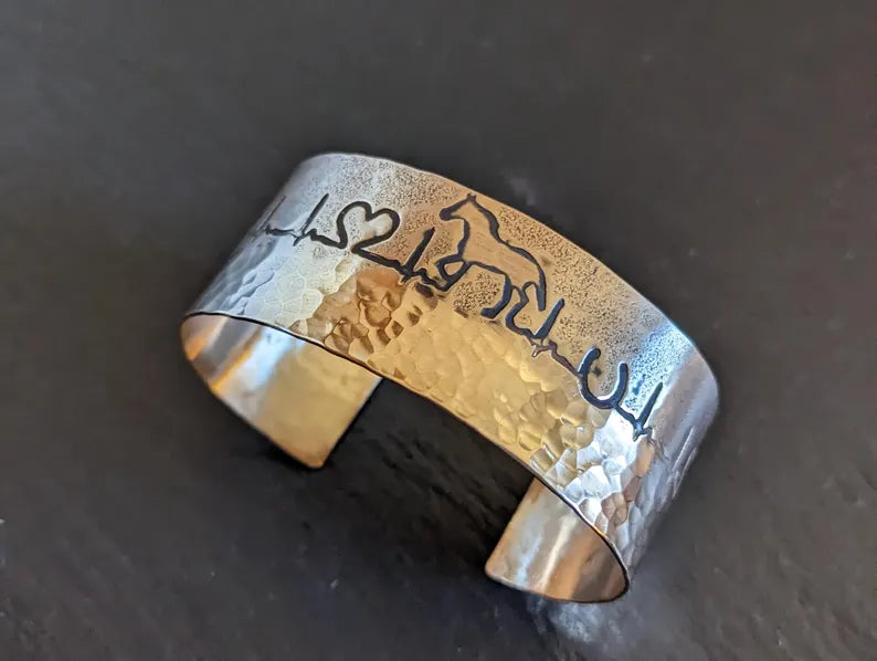 Bronze cuff bracelet with horses and hammered texture