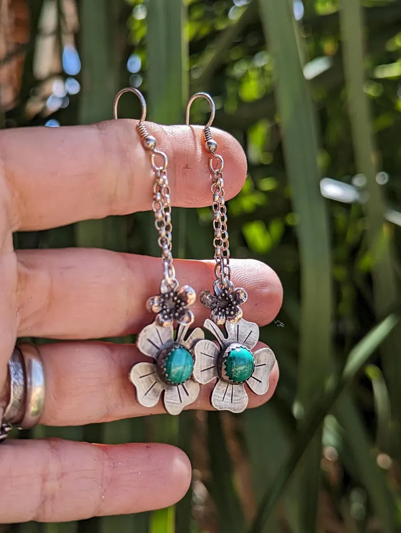 Silver clover leaf and malachite earrings