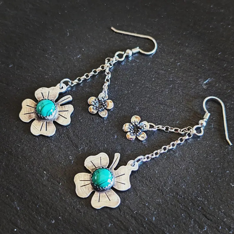 Silver clover leaf and malachite earrings