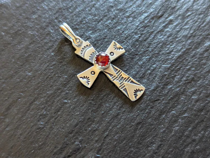Sterling cross Charm hand stamped with Garnet