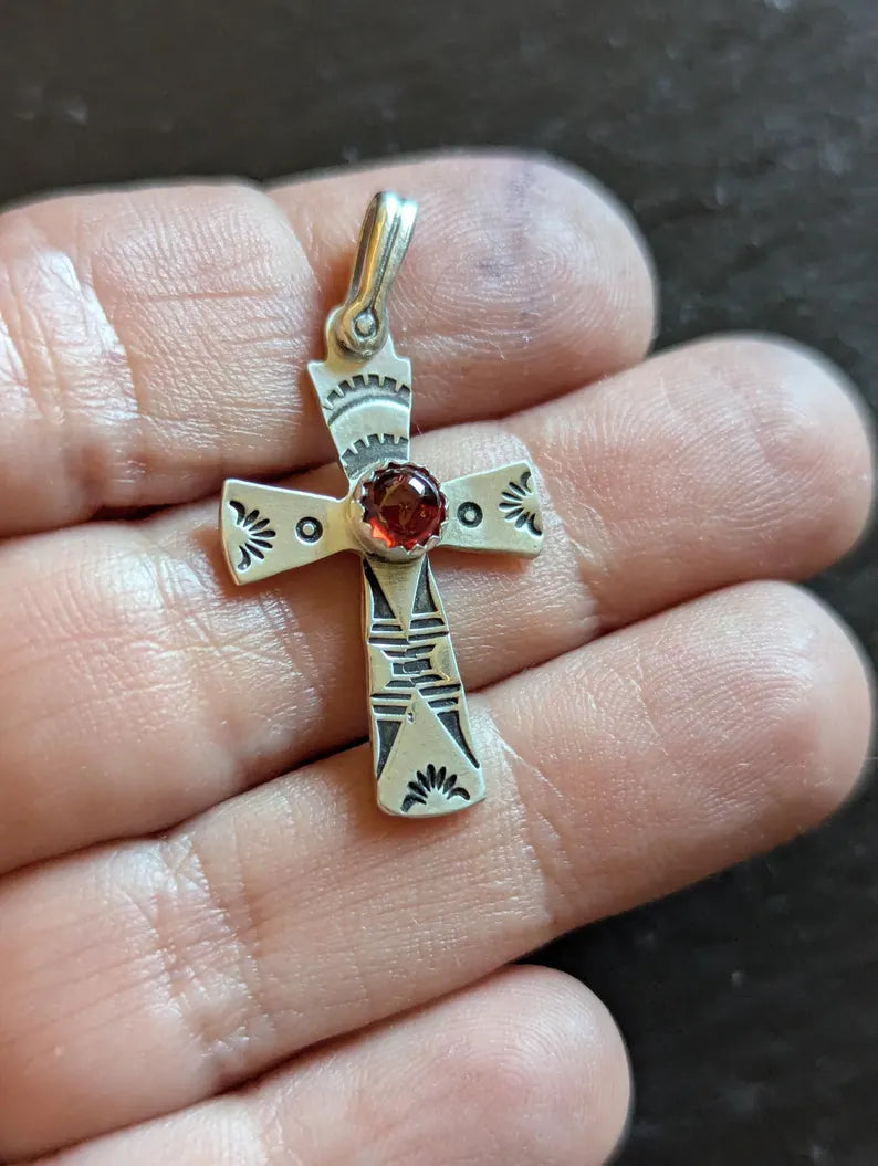 Sterling cross Charm hand stamped with Garnet