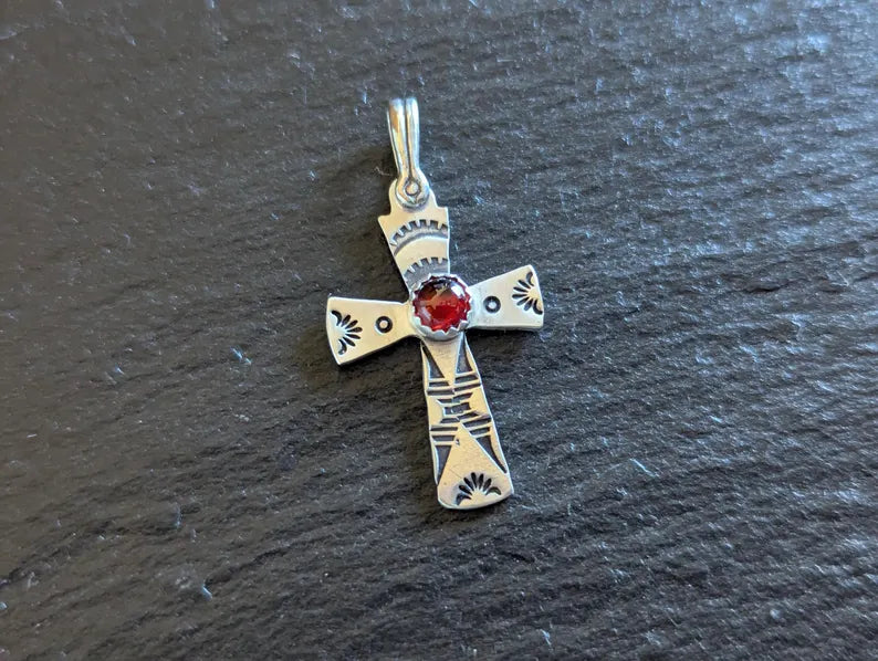 Sterling cross Charm hand stamped with Garnet