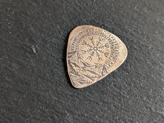 Bronze guitar pick with Vegvisir - way finder - playable
