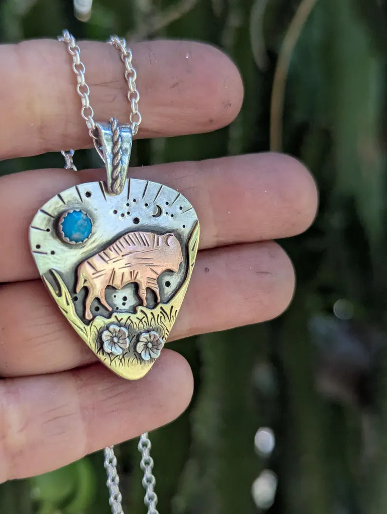 Wild buffalo charm necklace with turquoise - guitar pick pendant mixed metal