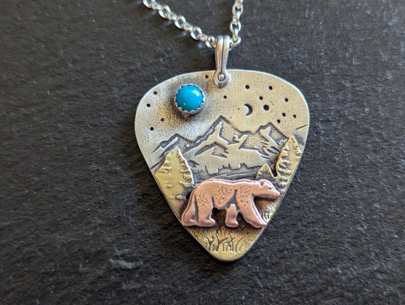 Bear guitar pick pendant necklace - mixed metal