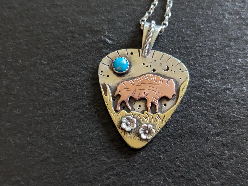 Wild buffalo charm necklace with turquoise - guitar pick pendant mixed metal