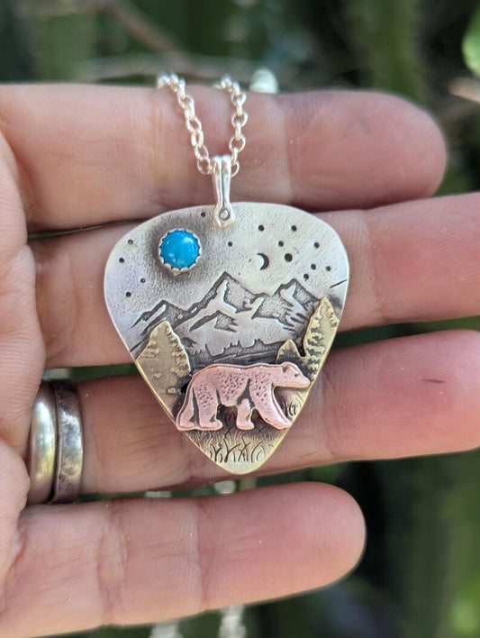 Bear guitar pick pendant necklace - mixed metal