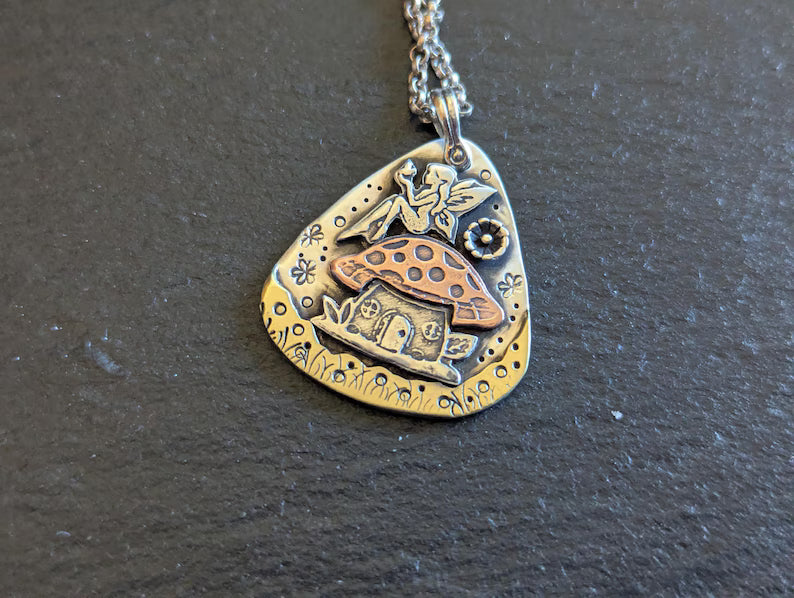 Fairy Mushroom house mixed metal pendant necklace