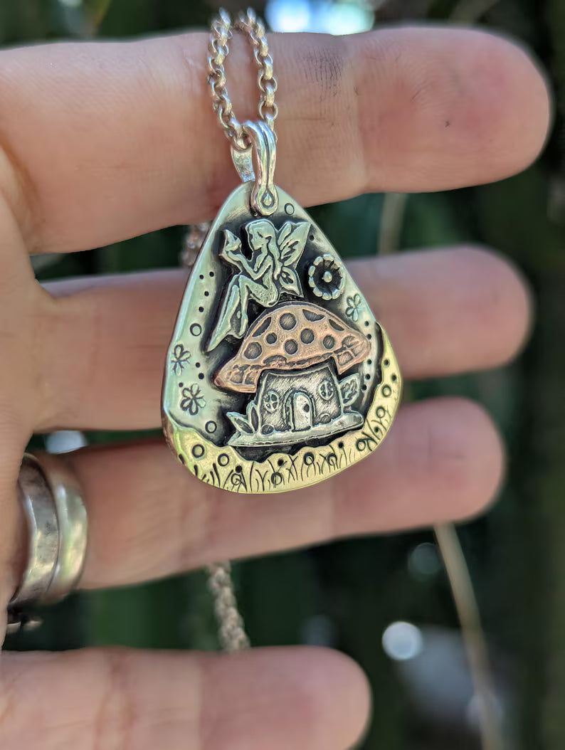 Fairy Mushroom house mixed metal pendant necklace