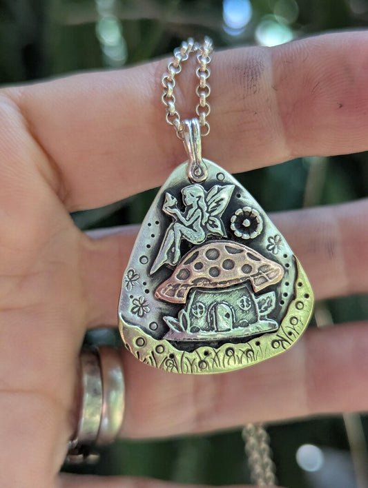 Fairy Mushroom house mixed metal pendant necklace
