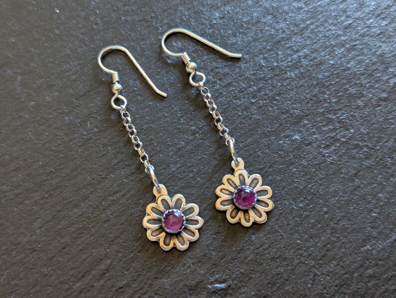 Sterling silver flower drop earrings with Amethyst