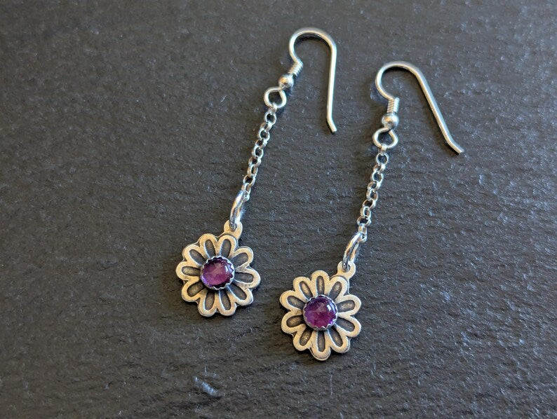 Sterling silver flower drop earrings with Amethyst