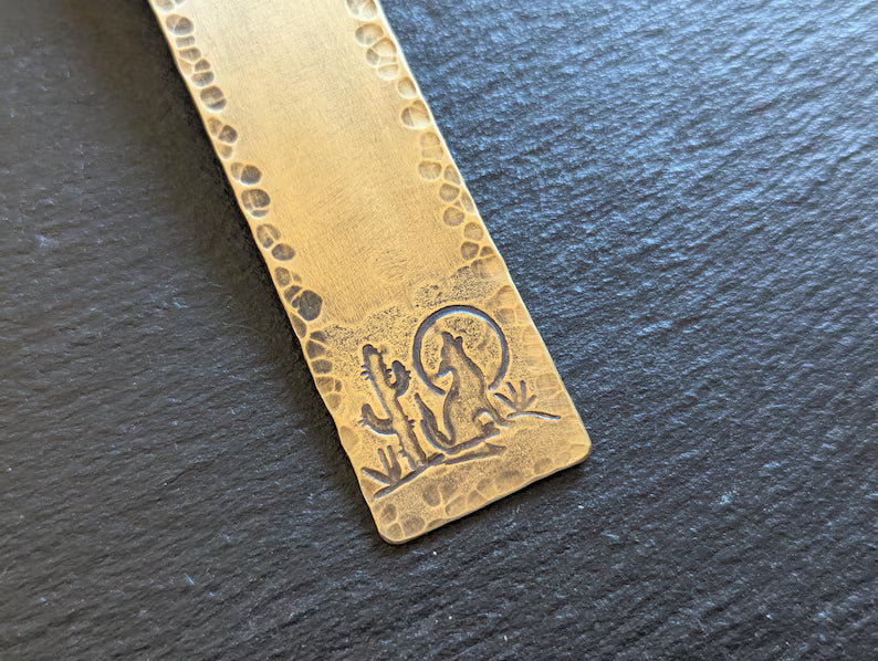 Brass Bookmark with coyote and Moon