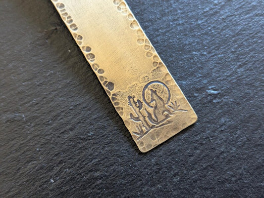 Brass Bookmark with coyote and Moon