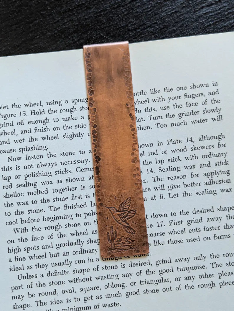 Copper bookmark with hummingbird and desert landscape