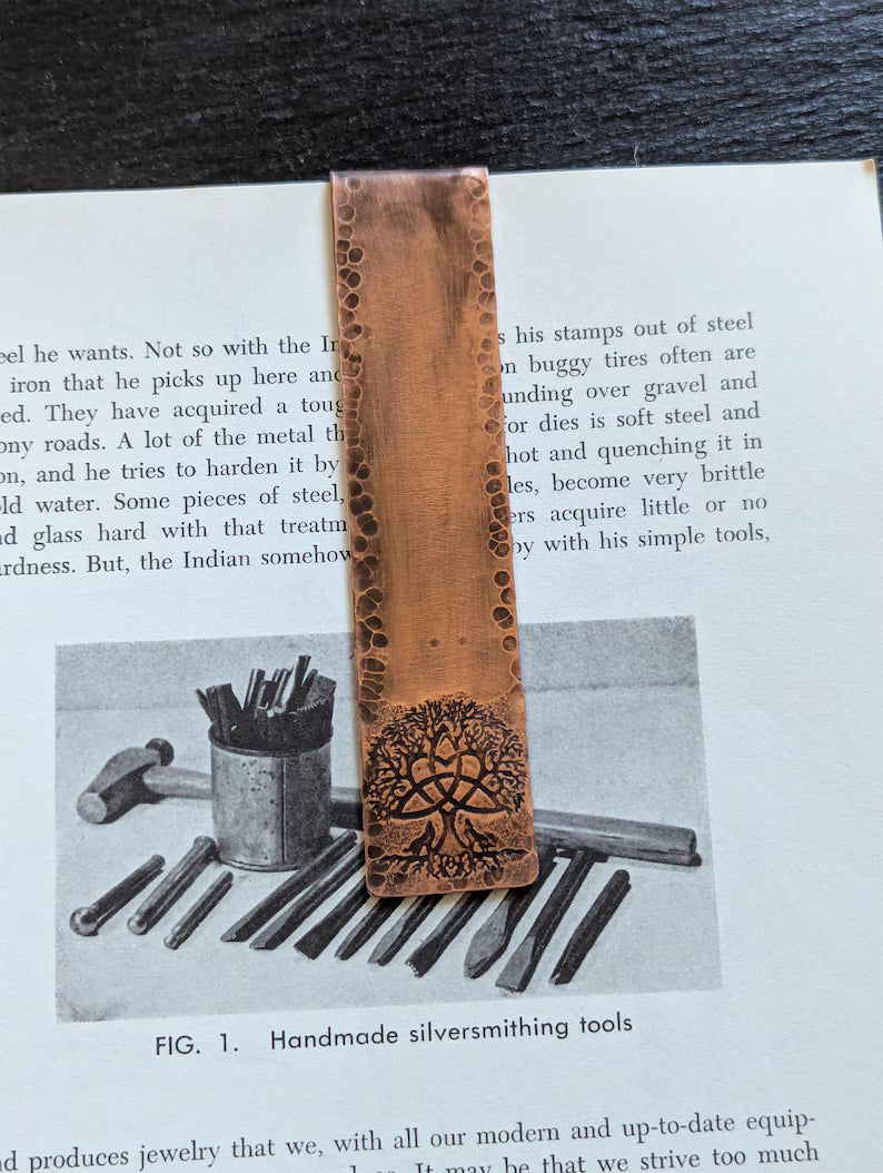 Copper bookmark with tree of life and wolves