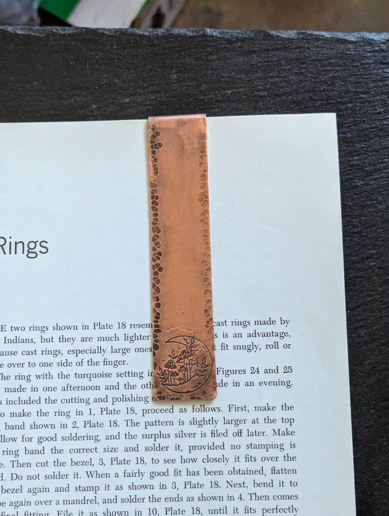 Copper bookmark with half moon and mushrooms