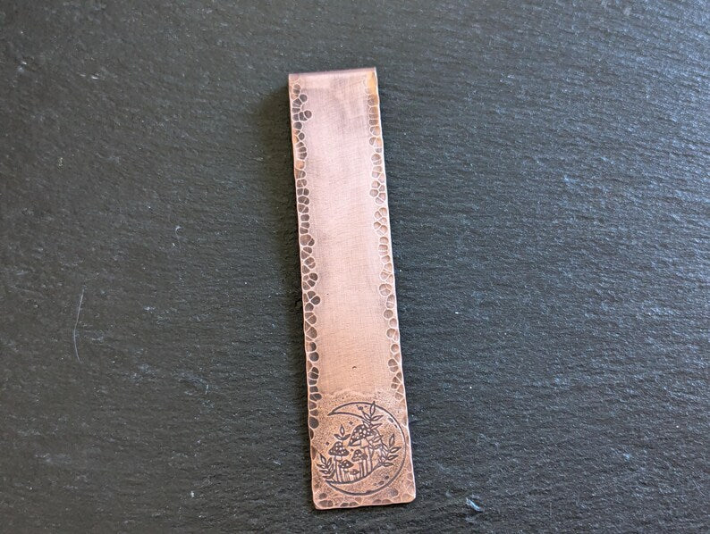 Copper bookmark with half moon and mushrooms