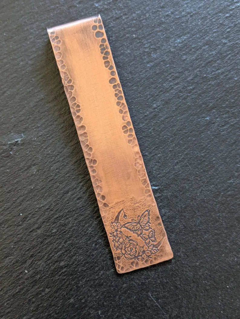 Copper bookmark with hummingbird and desert landscape