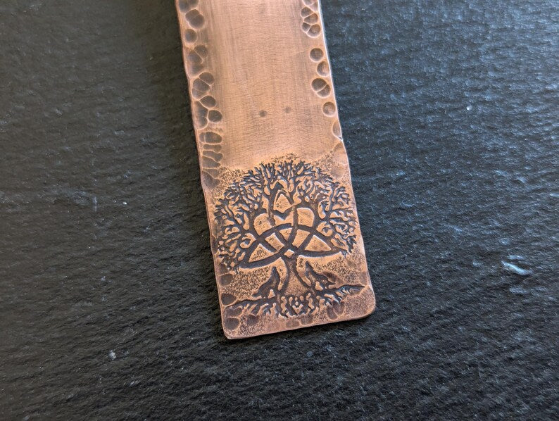 Copper bookmark with tree of life and wolves