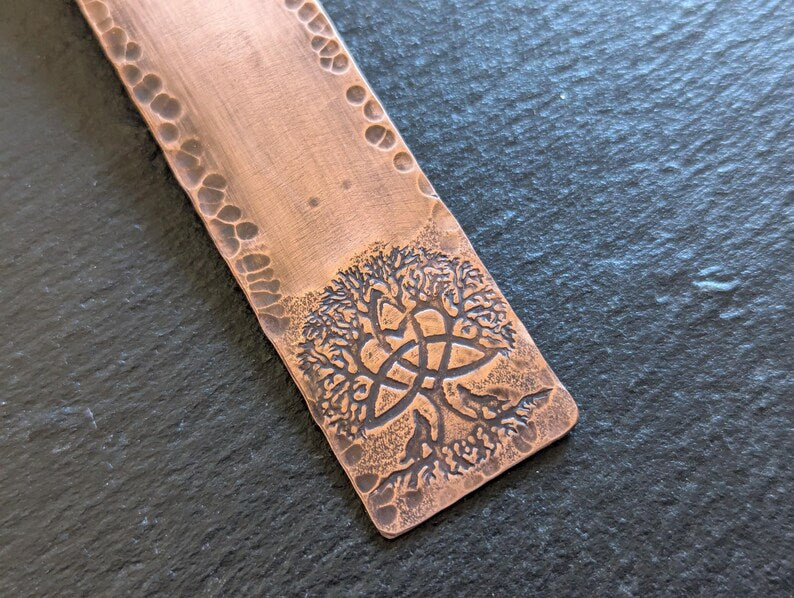 Copper bookmark with tree of life and wolves