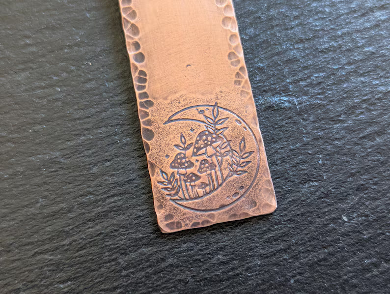 Copper bookmark with half moon and mushrooms