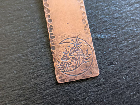 Copper bookmark with half moon and mushrooms
