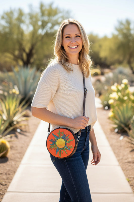 Round Pleather purse printed with my cactus sun design