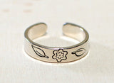 Sterling Silver Toe or Adjustable Finger Ring with Flower and Leaf Design, NiciArt 