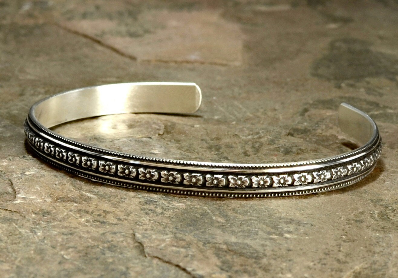 Sterling Silver Hibiscus Flower Patterned Bracelet with dark Patina