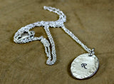 Sterling silver personalized initial stamped oval necklace with rustic hammered border, NiciArt 