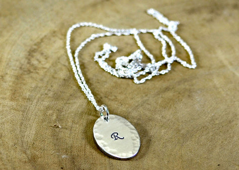 Sterling silver personalized initial stamped oval necklace with rustic hammered border, NiciArt 