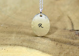 Sterling silver personalized initial stamped oval necklace with rustic hammered border, NiciArt 