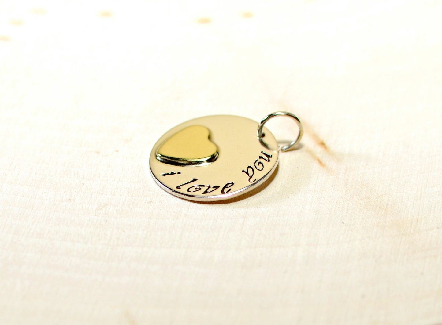 Love You on Sterling Silver Disc Charm with Brass Heart