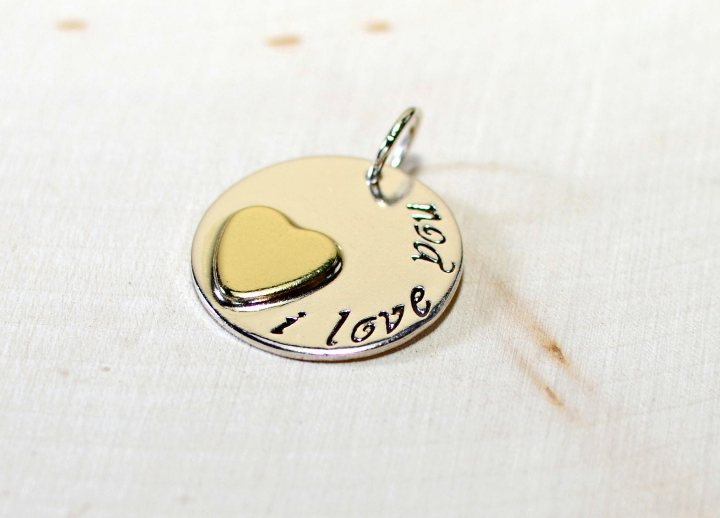 Love You on Sterling Silver Disc Charm with Brass Heart