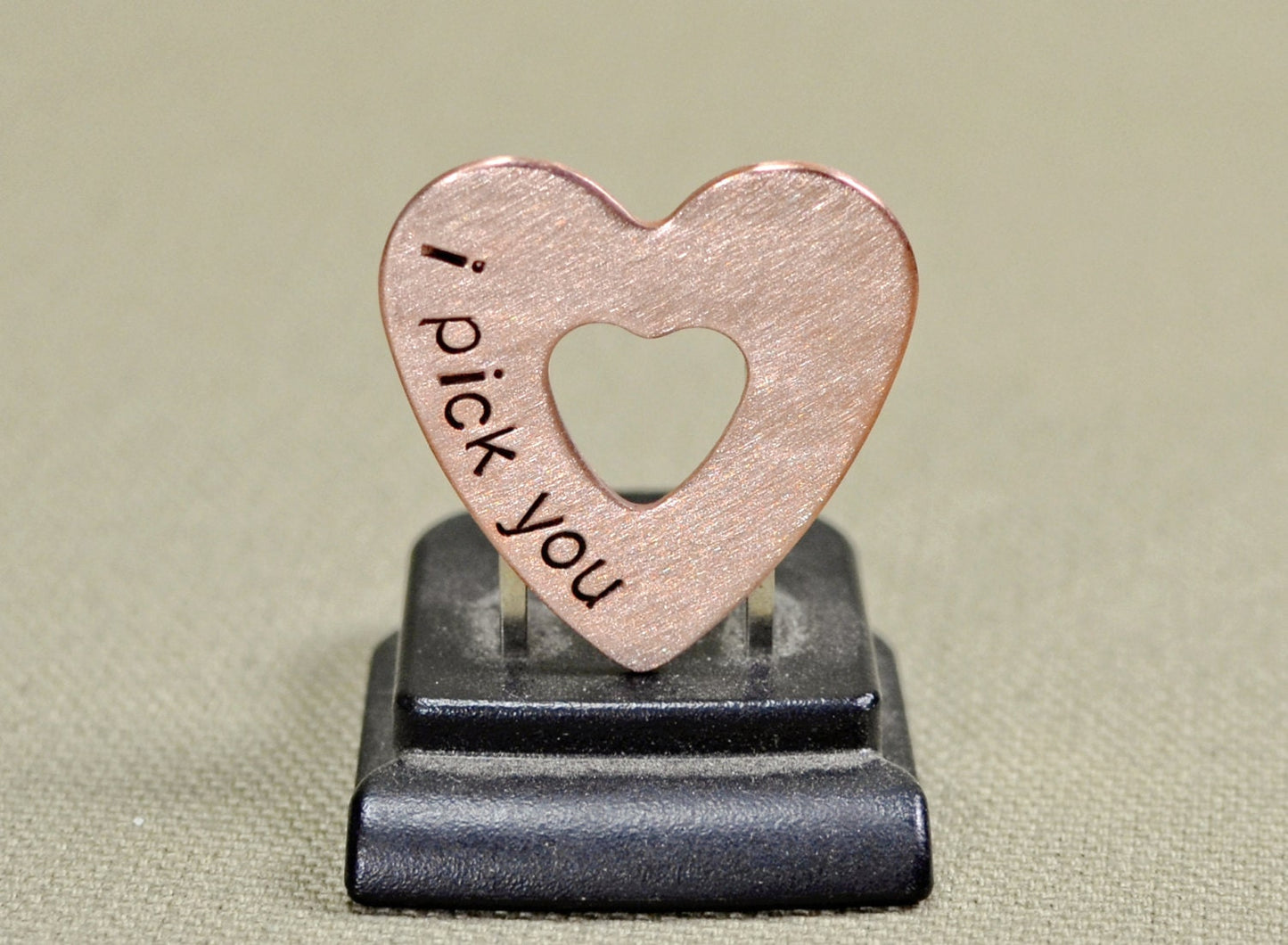 Double heart mini guitar pick in copper with I Pick You