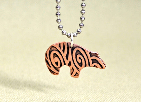 Copper spirit bear necklace with swirling hammered texture, NiciArt 