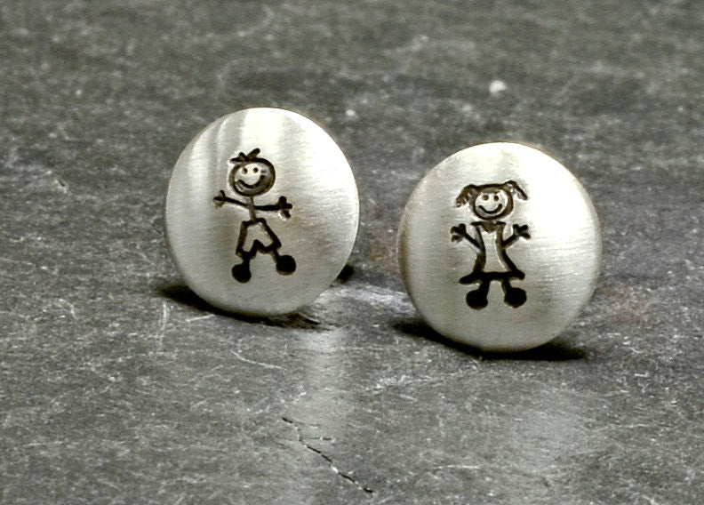 Sterling Silver Earrings stamped with a Boy and Girl and stud style backings