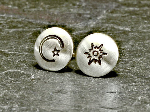 Stud earrings featuring sun moon and star in sterling silver, NiciArt 