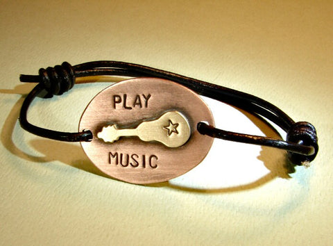 Bronze guitar leather bracelet with copper and play music, NiciArt 