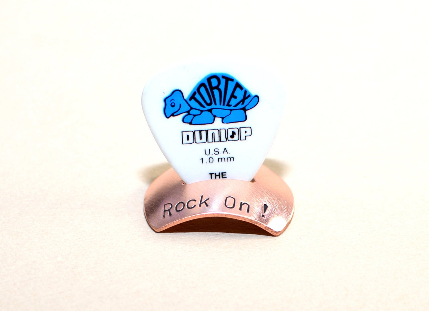 Copper guitar pick stand engraved with rock on - with or without guitar pick
