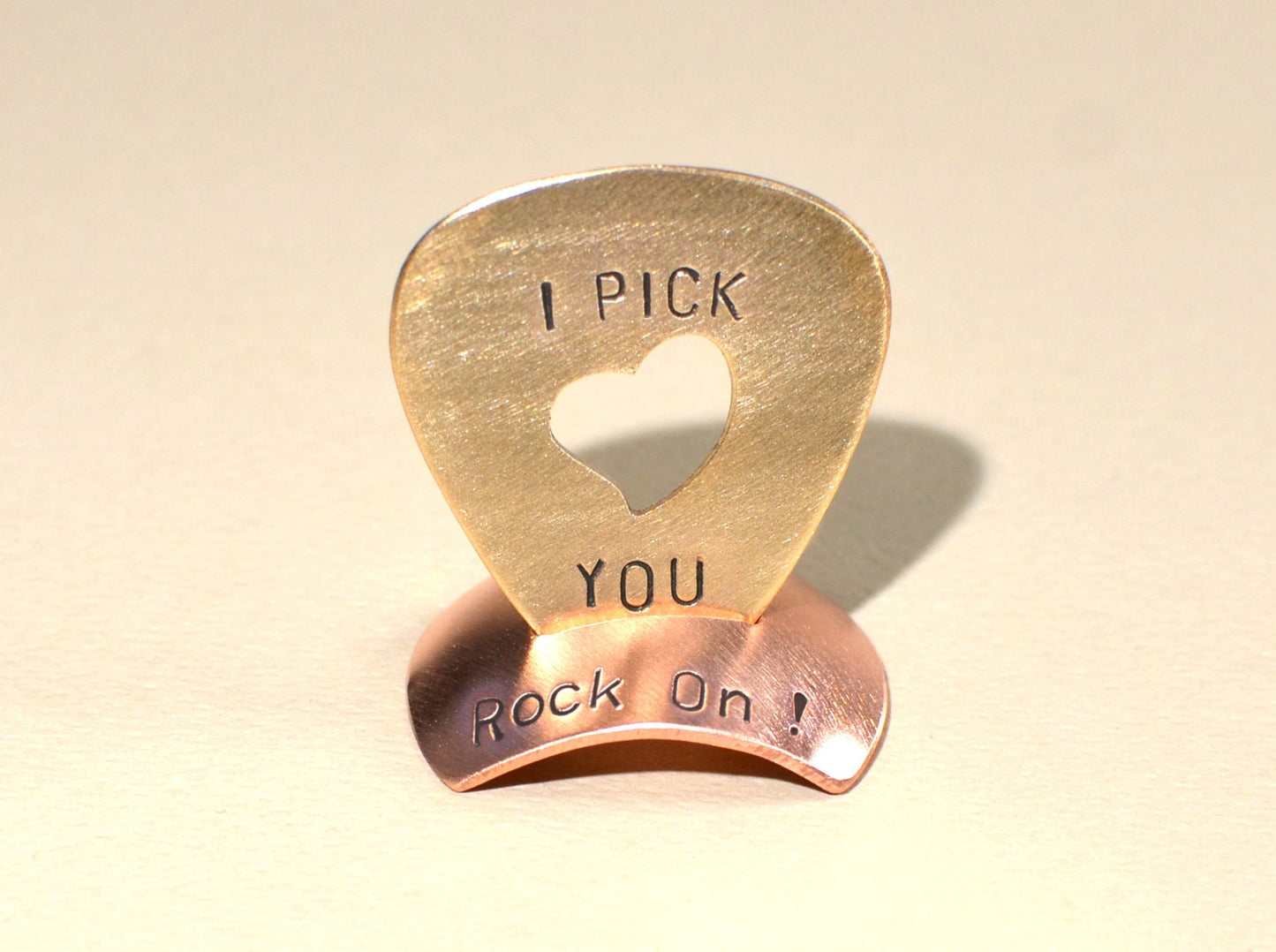 Copper guitar pick stand engraved with rock on - with or without guitar pick