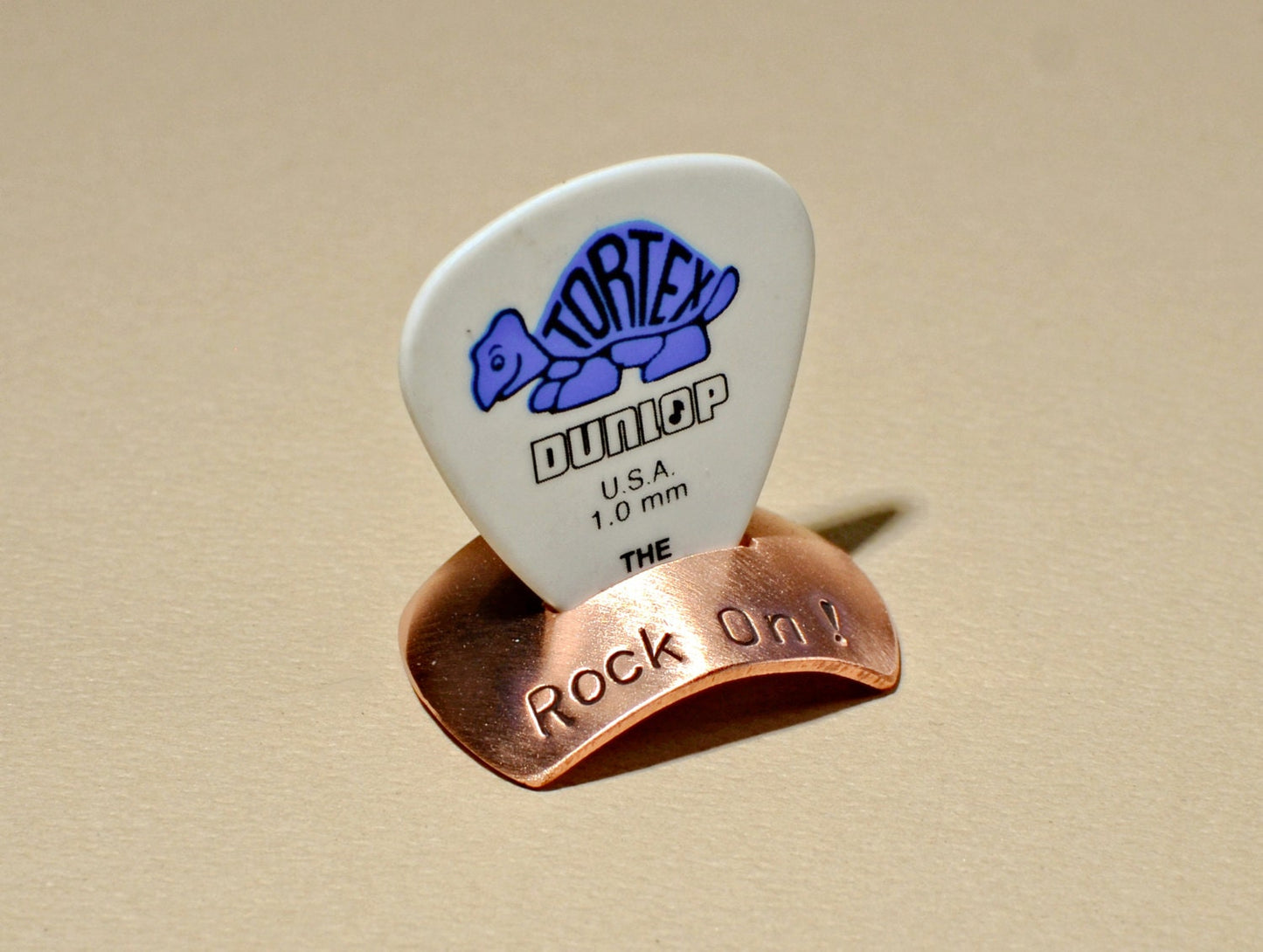 Copper guitar pick stand engraved with rock on - with or without guitar pick